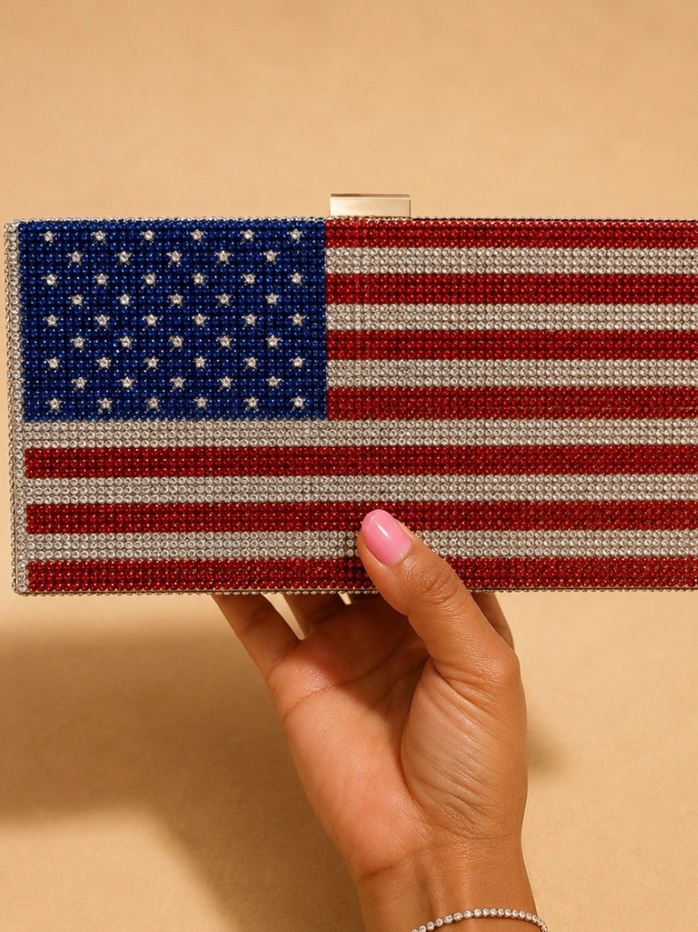 Crystal American Flag Rectangle Clutch - Red, Blue, Silver